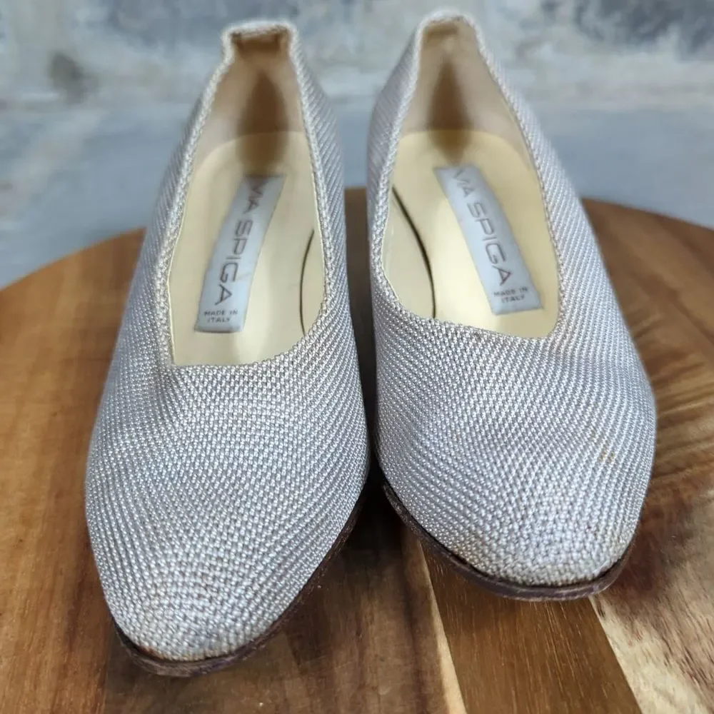 VTG‎ Via Spiga Womens 6B Beige Woven Fabric Block Heel Pumps Made in Italy 52